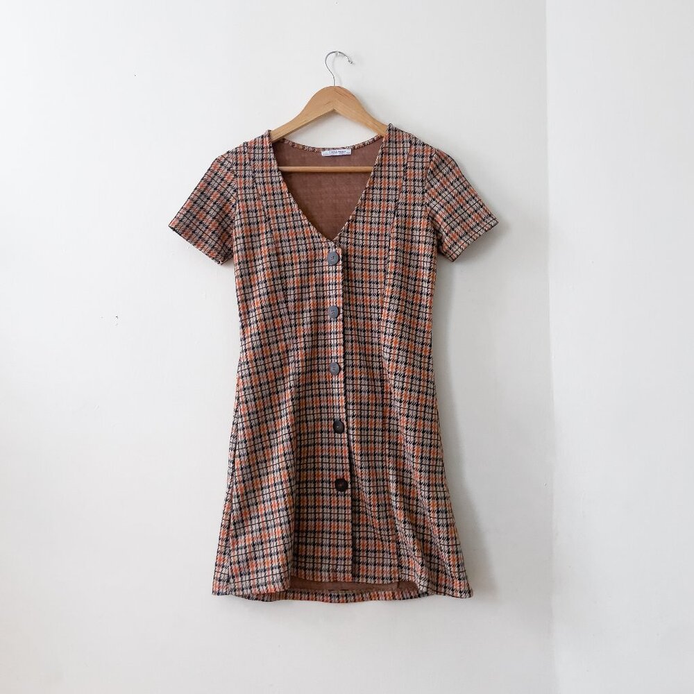 ZARA Orange Tartan Mini Dress with Buttons